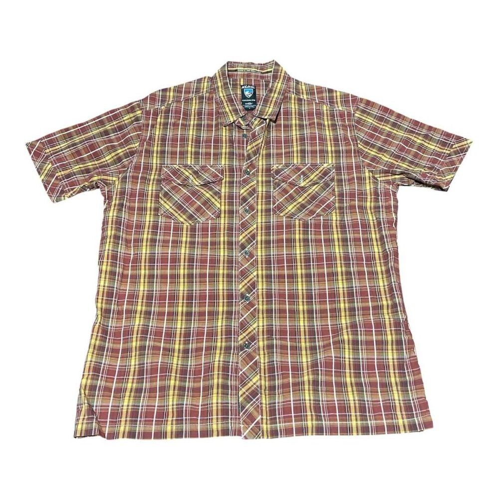 Kuhl Shirt Mens Large Brown Yellow Plaid Suncel Outdoor Button‎ Up Short Sleeve